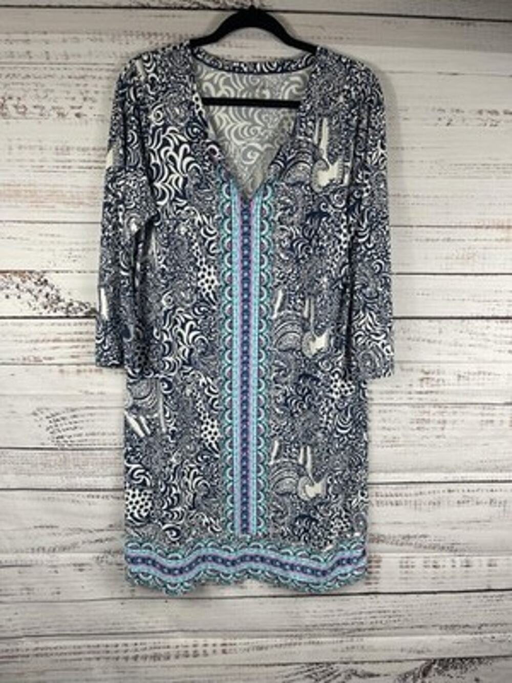 Lilly Pulitzer Dress Womens XL Blue Elephant Print Shift Knee Length 3/4 Sleeve